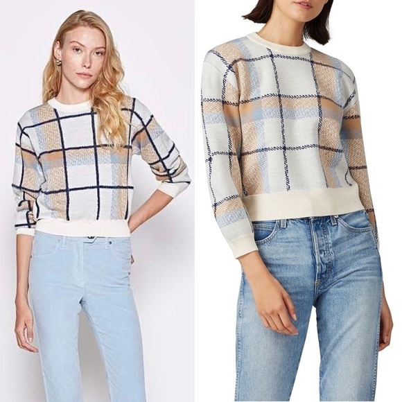 JOIE Wool Plaid Check Knit 3/4 Long Sleeve Crewneck Cropped Pullover Sweater XS - Picture 9 of 14